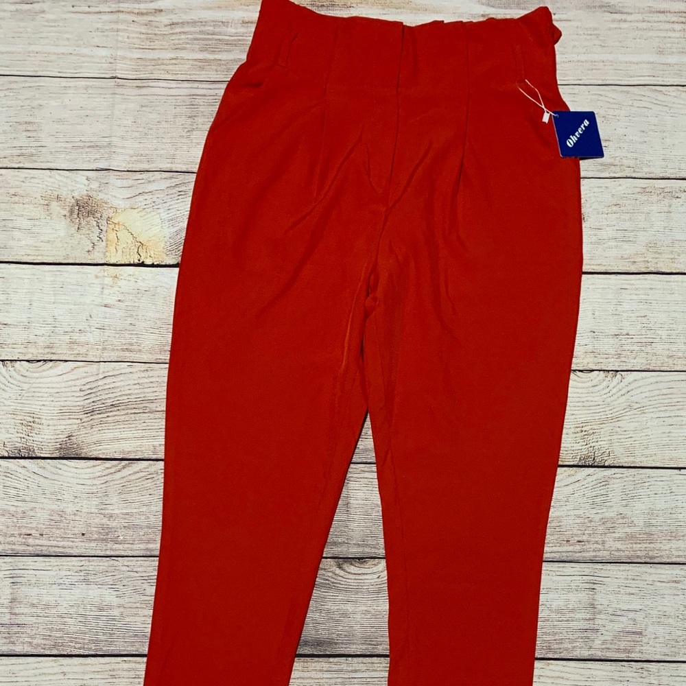 Ohvera red, paper bag waist trousers.